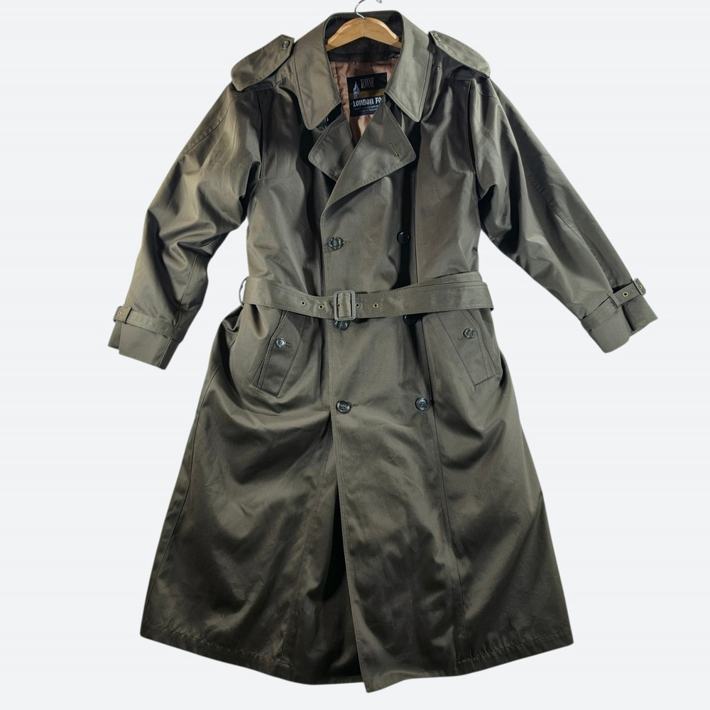 Vintage London Fog Dark Academia Trench Coat 40 Reg Thinsulate Noir Olive Green